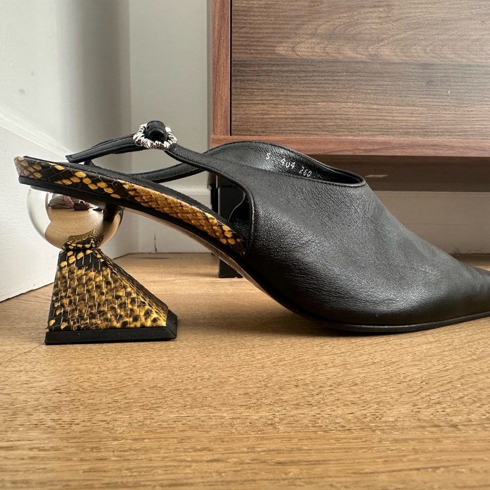 Black & Yellow Slingback pumps w sculptural block heel & mirror ball accent.US9 - Picture 14 of 16